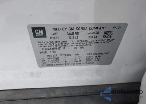 2021 Chevrolet Trax Fwd Lt z USA, uszkodzony, nr VIN KL7CJLSB6MB353117